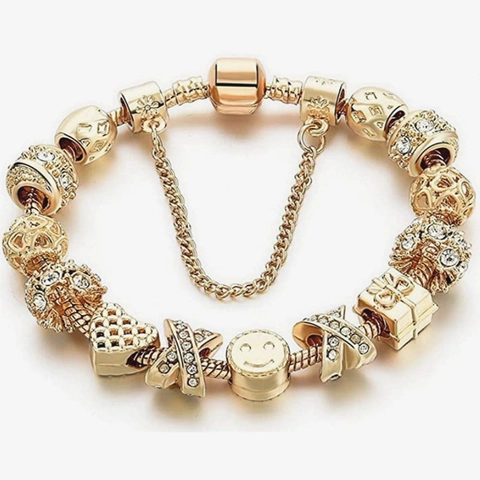 Fashion Gold Color Alloy Charm Bracelet For Women DIY Rhinestone Heart Pendant Snake Chain Jewelry With Safety Chain Gift