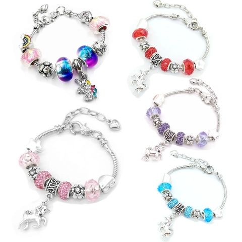Pulsera con Colgante de Unicornio para Niña Cuentas de Cristal Cadena de Serpiente de Cobre Aleación Joyería DIY para Regalo Cumpleaños