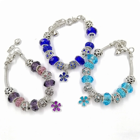 Pulsera con Abalorios DIY para Mujer Aleación Cuentas de Vidrio Cristal Colgante de Flor Corazón Joyería de Moda