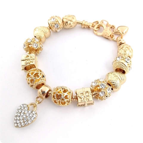Bracelet Chaîne Serpent à Perles Dorées pour Femmes Avec Breloques Cœur Boîte Cadeau Strass Incrusté Bijoux en Alliage DIY