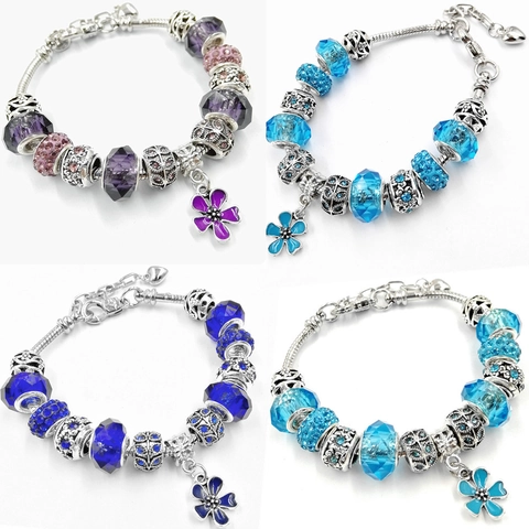 Pulsera con Abalorios DIY para Mujer Aleación Cuentas de Vidrio Cristal Colgante de Flor Corazón Joyería de Moda