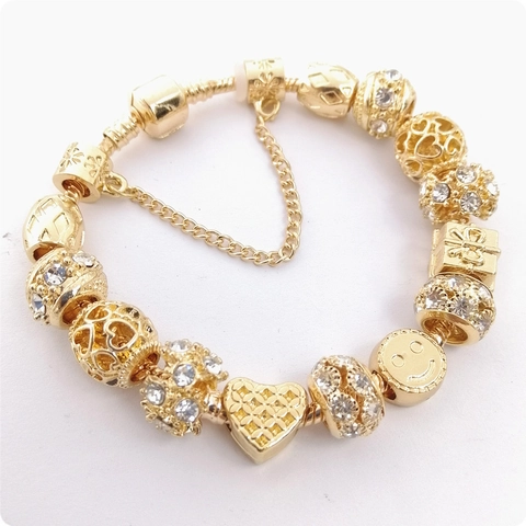 Pulsera con Amuletos de Cuentas DIY Chapado en Oro Cadena Serpiente Corazón Cara Sonriente Cuentas Strass Joyería Moda Mujer Niñas