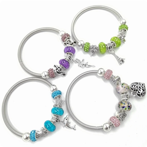 Pulsera de Amuletos con Cuentas DIY para Mujer Aleación Plateada Cuentas de Vidrio Delfín Corazón Estrella de Mar Torre Eiffel Joyería