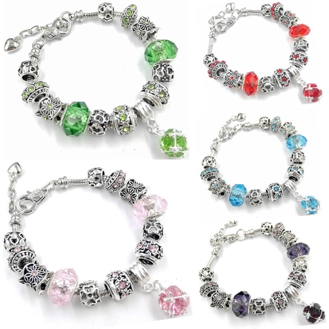 Pulsera de Amuletos de Cuentas de Vidrio de Cristal DIY para Mujer Cadena de Serpiente de Aleación con Diamantes de Imitación Corazón Colgante Floral Regalo de Joyería Romántica