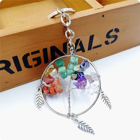 Lebensbaum Schlüsselanhänger Altsilber Kupferdraht Umwickelt Natur Mehrfarbig Kristall Stein Boho Blatt Feder Anhänger Schlüsselring Schmuck