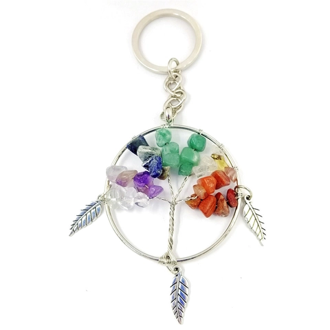 Lebensbaum Schlüsselanhänger Altsilber Kupferdraht Umwickelt Natur Mehrfarbig Kristall Stein Boho Blatt Feder Anhänger Schlüsselring Schmuck