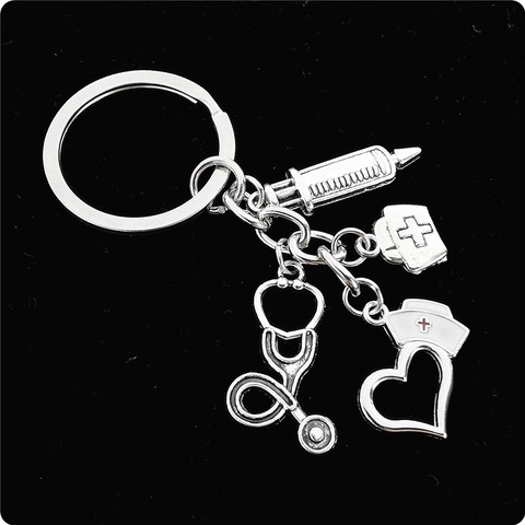 Portachiavi in Metallo a Tema Medico Regalo per Infermiera Medico Stetoscopio Siringa Ambulanza Cappello Pendente a Cuore Portachiavi in Lega Argento Gioielli