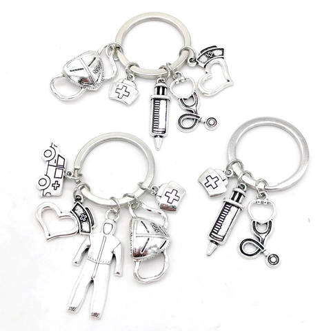 Professionelle Medizinisches Thema Schlüsselanhänger Zinklegierung Silber Krankenschwester Hut Spritze Maske Anhänger Schmuck Geschenk