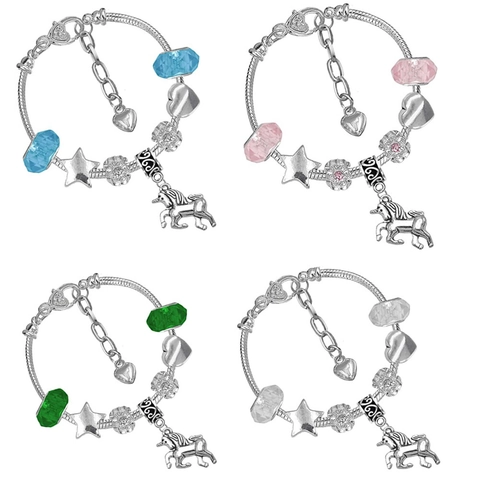 Pulsera de Amuletos de Unicornio DIY para Niñas Aleación Cuentas Cadena de Serpiente Joyería Cuentas de Cristal de Colores Colgante de Corazón y Estrella