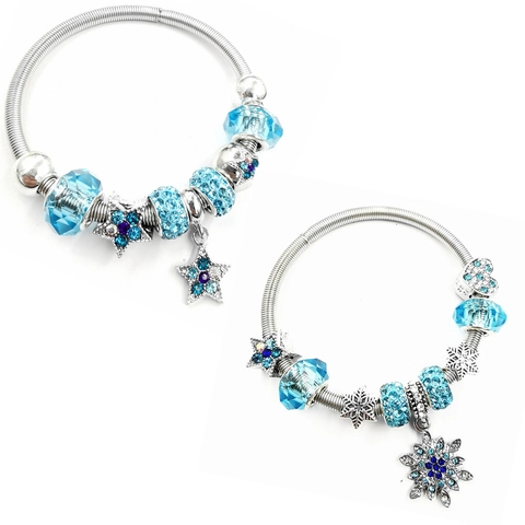 Christmas Snowflake Star Heart Charm Beaded Bracelet For Women Alloy Blue Crystal Rhinestone Stretch Bangle Winter Holiday Jewelry