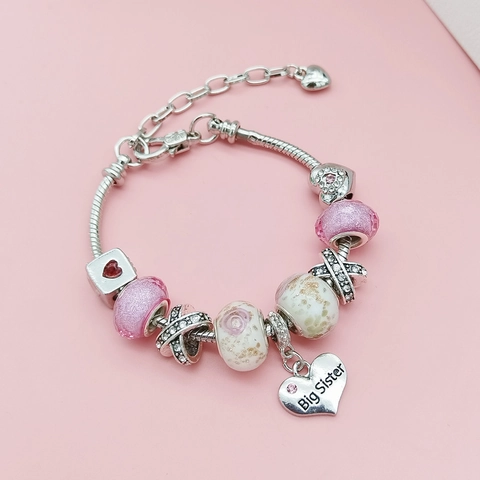 Pulsera de Cuentas de Aleación y Cristal Colgante de Corazón Big Sister Cadena de Serpiente Joyería de Moda para Mujer Niña Regalo de Cumpleaños