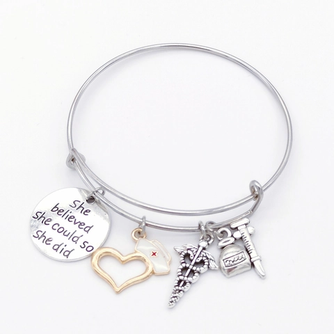 Brazalete Ajustable de Aleación para Mujer Con Dijes de Sombrero de Enfermera Jeringa Caduceo Corazón Joyería Médica Inspiradora Regalo