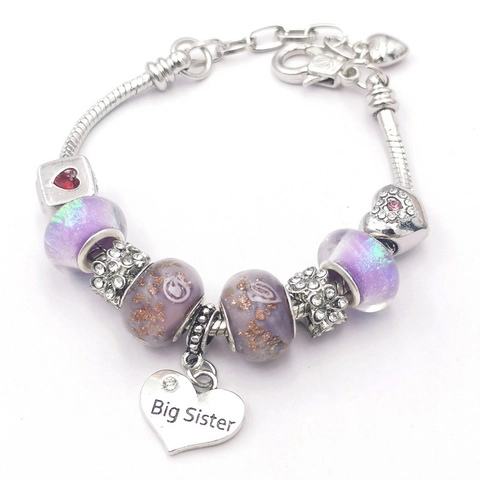Pulsera de Cuentas de Aleación y Cristal Colgante de Corazón Big Sister Cadena de Serpiente Joyería de Moda para Mujer Niña Regalo de Cumpleaños