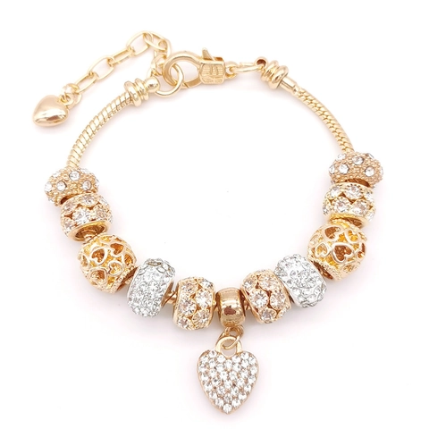 Lujosa Pulsera de Dijes de Corazón de Aleación Chapada en Oro para Mujer Cuentas con Strass Incrustado Cadena de Serpiente Joyería