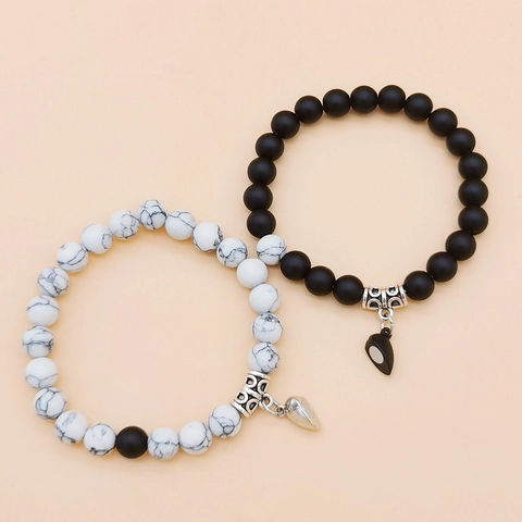 Pulsera de Cuentas Con Amuleto de Corazón Magnético Piedra Negra Mate Turquesa Blanca Para Pareja Amantes Mejores Amigos Regalo