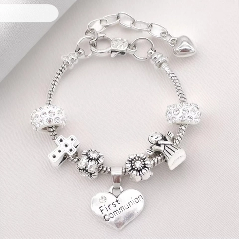 Pulsera con Dijes de Aleación Plateada para la Primera Comunión Mujer Niña Con Colgantes de Cruz Ángel Corazón Joyería