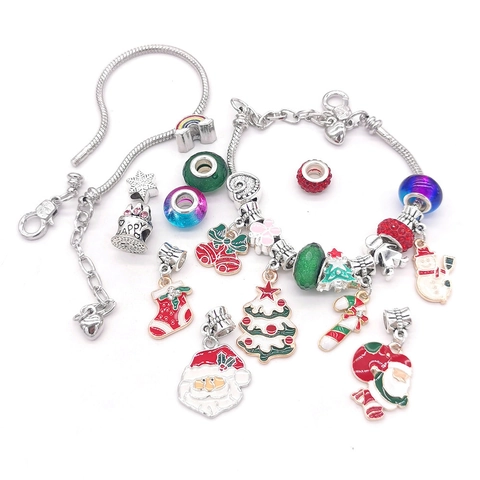 Kerst DIY Bedelarmband Maakset Legering Slangenketting Glasparels Emaille Kerstman Sneeuwpop Bedeltjes Sieraden Voor Dames Meisjes Cadeau