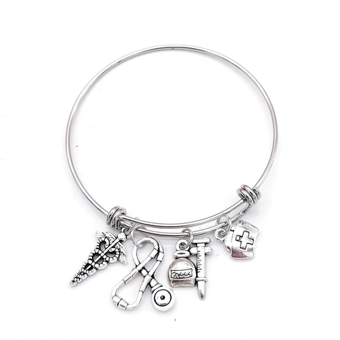 Adjustable Stainless Steel Medical Charm Bangle Bracelet Antique Silver Stethoscope Syringe Nurse Hat Caduceus Pendants Nurse Appreciation Gift Jewelry