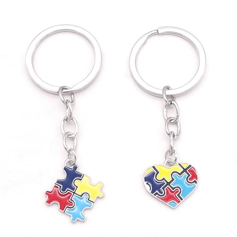 Zinc Alloy Enamel Puzzle Piece Keychain Multicolor Autism Awareness Heart Square Pendant Key Ring For Women Men Jewelry