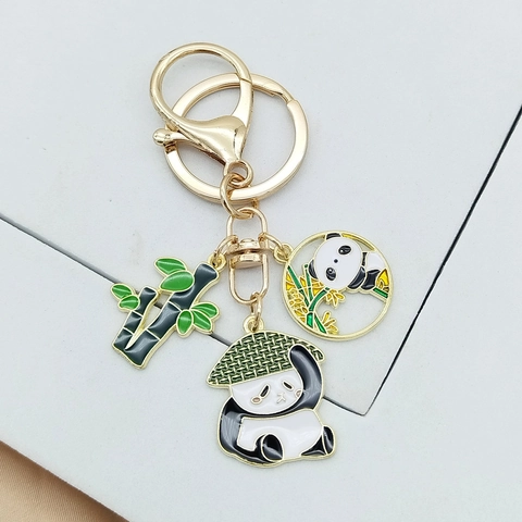 Creative Chinese Style Panda Bamboo Metal Keychain Alloy Enamel Drip Oil Panda Bag Pendant Key Ring Gift For Women Kids