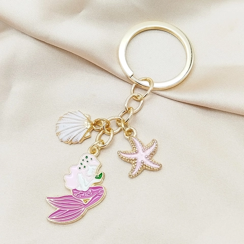 Portachiavi in Lega a Forma di Sirena Stella Marina Conchiglia Smaltato Placcato Oro Tema Oceano Ciondolo per Borsa Regalo