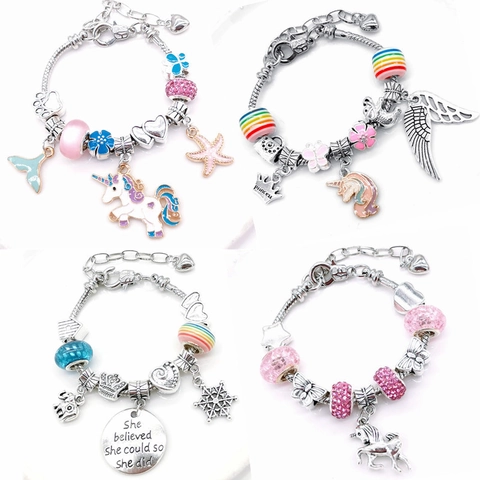 Pulsera Con Dijes De Unicornio DIY Para Niños Cuentas Multicolores Sirena Estrella De Mar Arco Iris Pulsera De Cadena De Serpiente