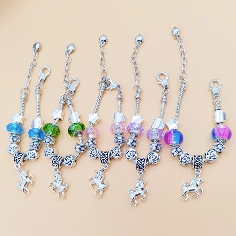 Pulsera de Abalorios de Unicornio de Aleación DIY para Mujeres Niñas Corazón Estrella Floral Cadena de Serpiente Joyería Regalo
