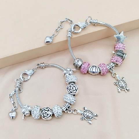 Women Alloy Charm Bracelet With Turtle Tree Life Heart Starfish Pendants Crystal Beaded Snake Chain Fashion Jewelry Gift