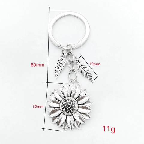 Vintage Alloy Sunflower Keychain With Leaf Pendants Antique Silver Floral Bag Charm Key Ring Jewelry For Women