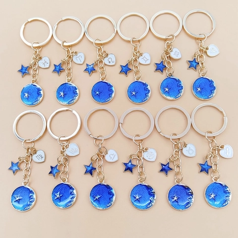 Porte-clés Signes Du Zodiaque Lune Étoilée Pour Femmes Hommes Alliage Émail Bleu Cœur Étoile Charme De Sac Bijoux Cadeau