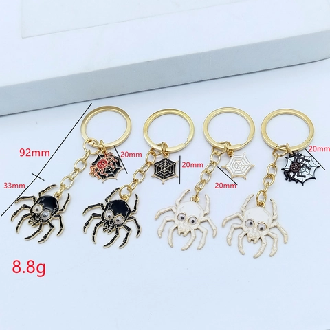 Porte-clés Araignée Gothique Halloween Alliage Doré Émail Toile d'araignée Anneau Clé Avec Yeux Mobiles Motif Crâne Punk Bijoux Cadeau