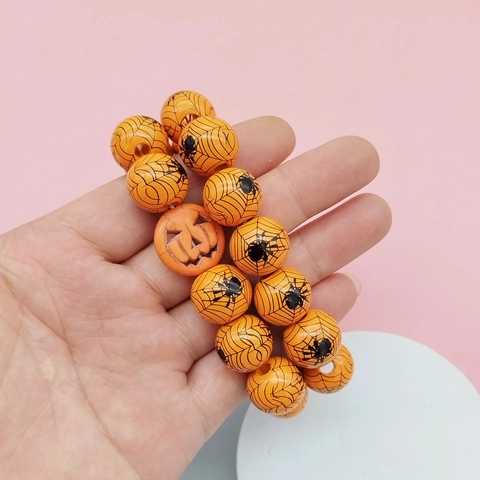 Halloween Kürbis Spinnennetz Druck Holzperlen Armband Stretch Elastische Perlen Armband Mode Schmuck Für Herren Damen Geschenk