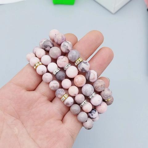 Pink Zebra Stone Beaded Bracelet With Gold Silver Rhinestone Spacer Heart Charm Matte Jasper Bracelet Unisex Jewelry Gift