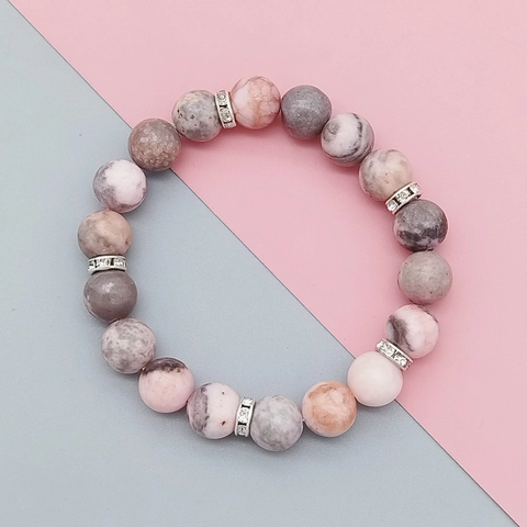 Pink Zebra Stone Beaded Bracelet With Gold Silver Rhinestone Spacer Heart Charm Matte Jasper Bracelet Unisex Jewelry Gift