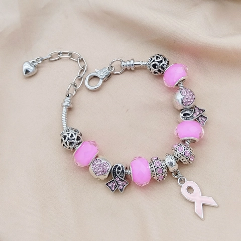 Brustkrebs Bewusstsein Rosa Schleife Charm Armband Für Damen Legierung Versilbert Strass Kristall Perlen DIY Herz Anhänger Schmuck Geschenk