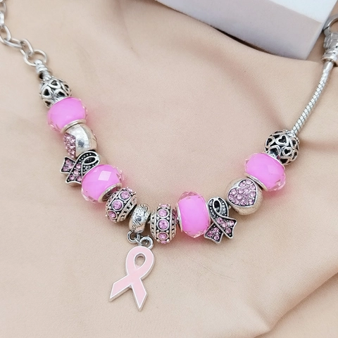 Brustkrebs Bewusstsein Rosa Schleife Charm Armband Für Damen Legierung Versilbert Strass Kristall Perlen DIY Herz Anhänger Schmuck Geschenk