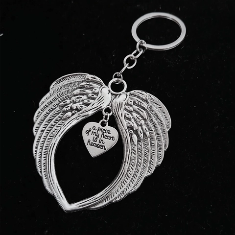 Portachiavi con Ali di Angelo e Cuore in Lega di Zinco Argento Antico con Citazioni Commemorative per Regalo di Memoria