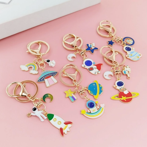 Cartoon Astronaut Alloy Keychain Gold Plated Enamel Space Theme UFO Rocket Moon Star Bag Car Pendant Key Ring Gift For Kids