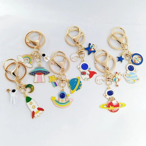 Cartoon Astronaut Alloy Keychain Gold Plated Enamel Space Theme UFO Rocket Moon Star Bag Car Pendant Key Ring Gift For Kids