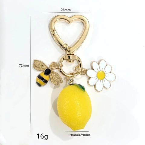 Porte-clés Doux Fruits Fraise Citron Abeille Marguerite Cœur pour Femmes Résine Métal Bijou de Sac Fruits Cadeau Bijoux Anneau Ressort Or