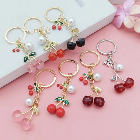 Creative Fruit Cherry Artificial Pearl Pendant Keychain Alloy Resin Bag Charm Sweet Realistic Cherry Key Ring For Women Girls Gift