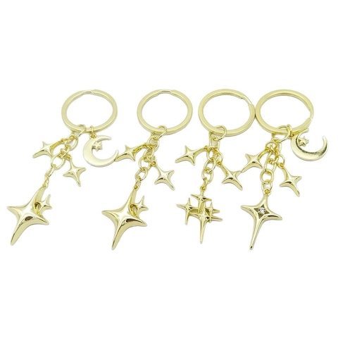 Creative Alloy Metal Star Moon Keychain Rhinestone Hollow Out Bag Charm Vintage Starry Sky Compass Pendant Accessory For Women