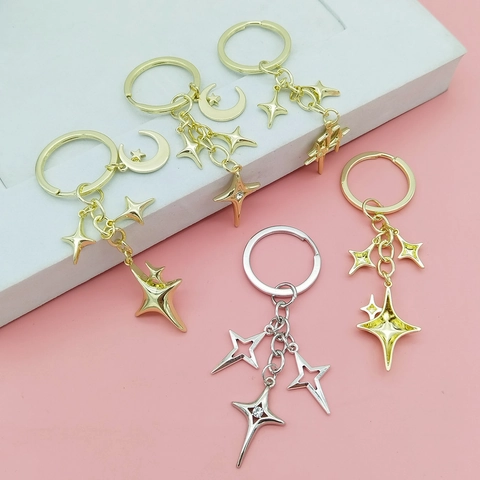 Creative Alloy Metal Star Moon Keychain Rhinestone Hollow Out Bag Charm Vintage Starry Sky Compass Pendant Accessory For Women