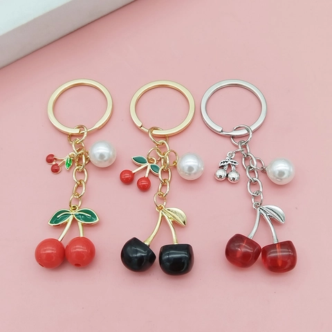 Creative Fruit Cherry Artificial Pearl Pendant Keychain Alloy Resin Bag Charm Sweet Realistic Cherry Key Ring For Women Girls Gift