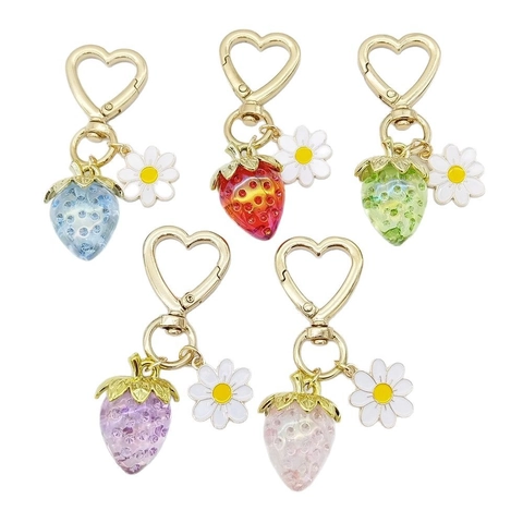 Porte-clés Doux Fruits Fraise Citron Abeille Marguerite Cœur pour Femmes Résine Métal Bijou de Sac Fruits Cadeau Bijoux Anneau Ressort Or