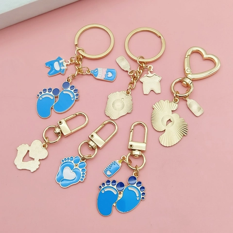 Baby Thema Legering Metaal Sleutelhanger Blauw Goud Email Zuigfles Voetafdruk Babykleding Hart Sleutelring Kraamcadeau