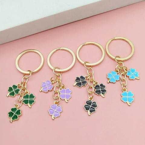 Porte-clés à la Mode en Alliage Trèfle à Quatre Feuilles Émail Goutte d'Huile Fleur de Chance Bijou de Sac Cadeau Femme