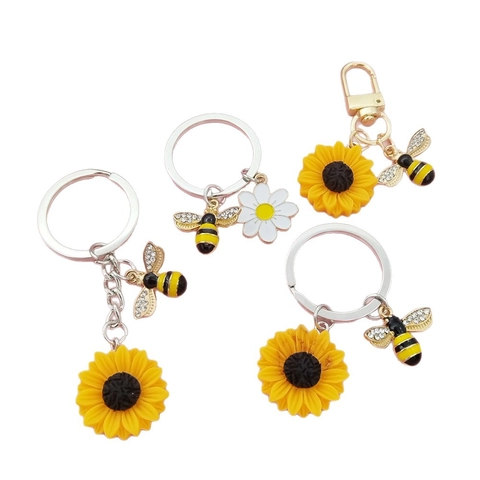 Porte-clés Tournesol Abeille Alliage Résine Marguerite Nid d'Abeille Pendentif de Sac Charme Créatif Bijoux Insecte Floral Cadeau pour Femme