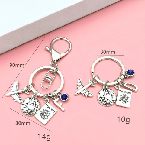 Silber Legierung Reise Thema Schlüsselanhänger Mit Flugzeug Globus Reisepass Blau Strass Kreativ Metall Schlüsselring Geschenk Für Abschluss Damen Herren