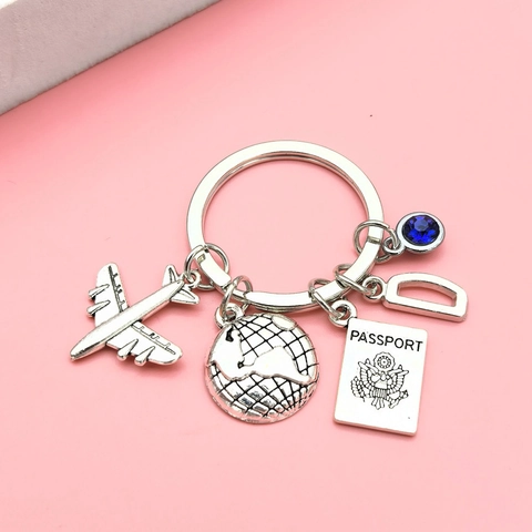 Silber Legierung Reise Thema Schlüsselanhänger Mit Flugzeug Globus Reisepass Blau Strass Kreativ Metall Schlüsselring Geschenk Für Abschluss Damen Herren